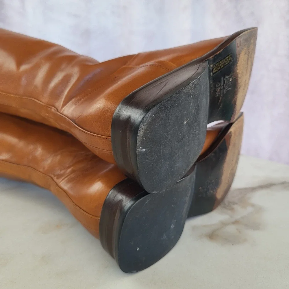 Charles David x Nathalie M Square Toe Kne High Boots Tan Size 36.5/6 Italy